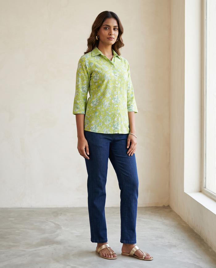 Lime Green Floral Button-Front Top