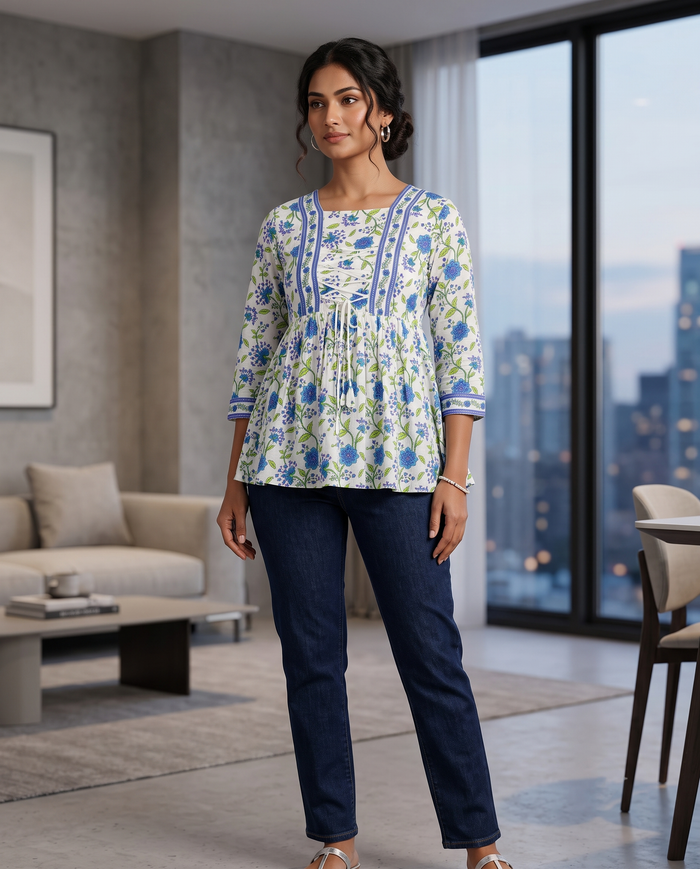 Ivory Blue Floral Lace-Up Empire Top