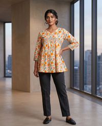 Ivory Orange Floral Empire Top 1