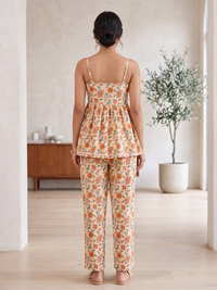 Women Cream Floral Print Peplum Top with Spaghetti Straps 2