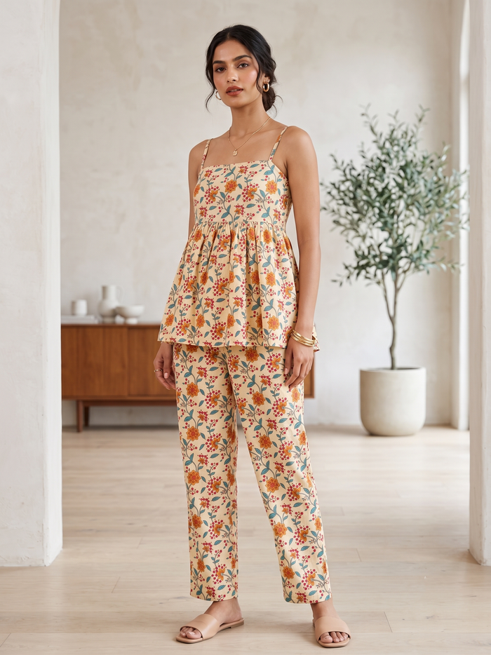 Women Cream Floral Print Peplum Top with Spaghetti Straps