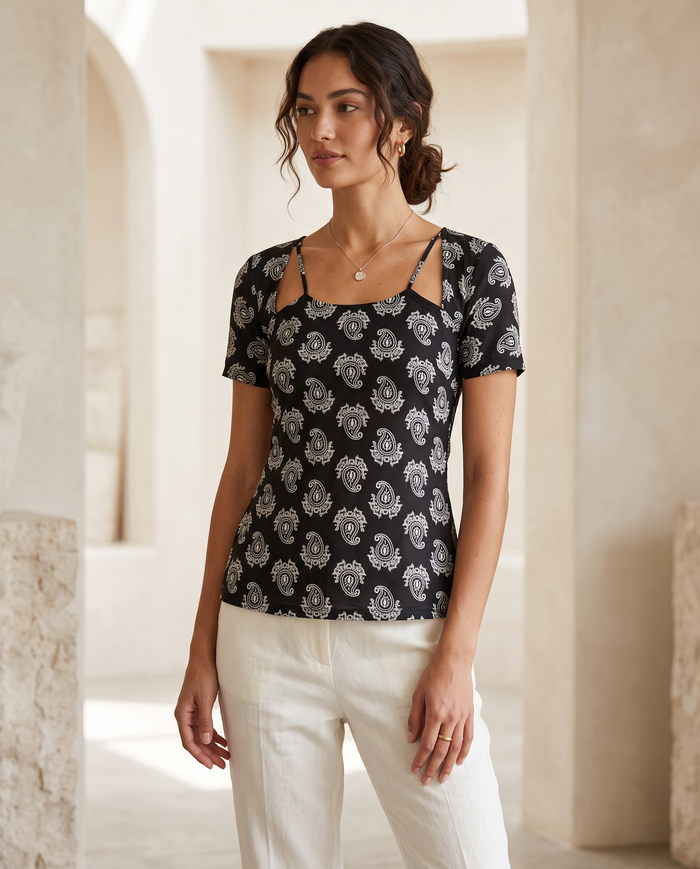 Black Paisley Cut-Out Shoulder Top