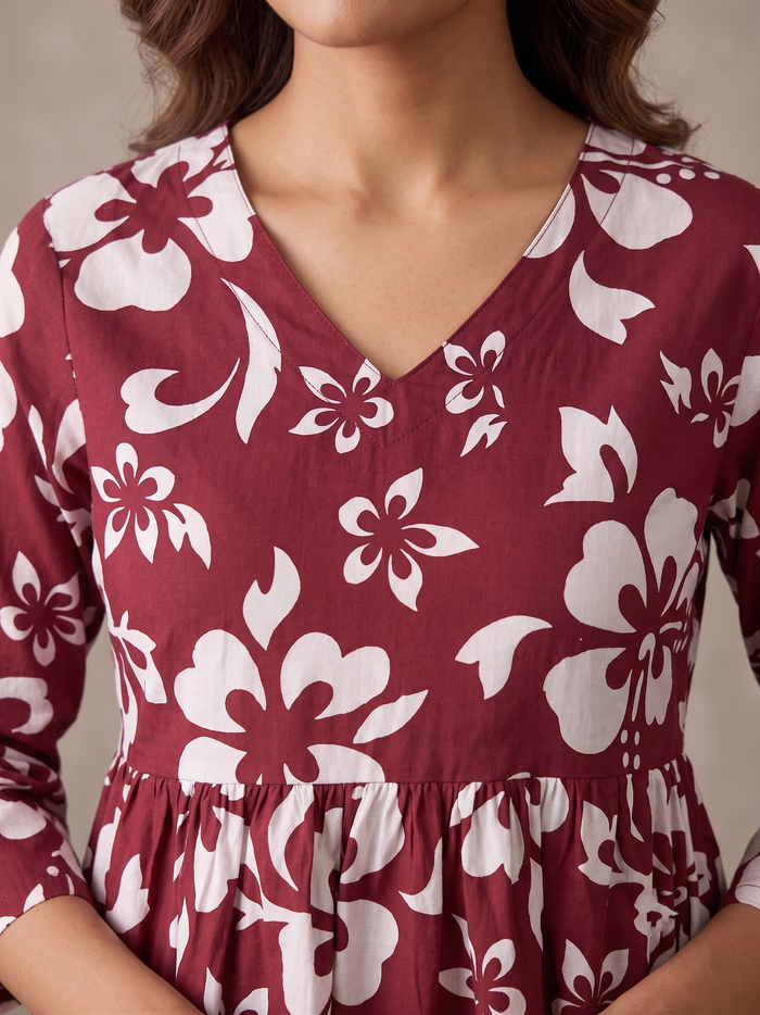 Women Maroon Floral Print Peplum Top
