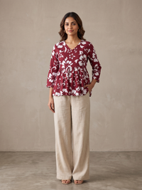 Women Maroon Floral Print Peplum Top 2