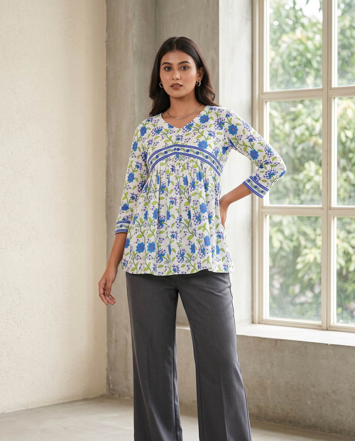 Ivory Blue Floral Empire Top