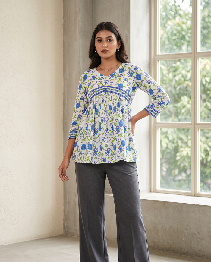 Ivory Blue Floral Empire Top