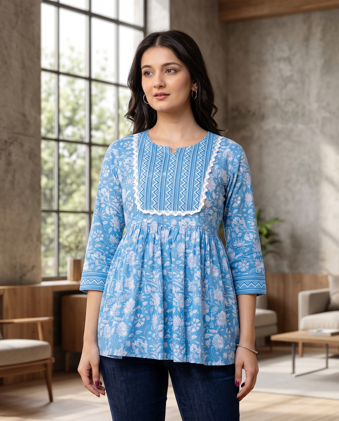 Blue Floral Printed Empire-Line Top