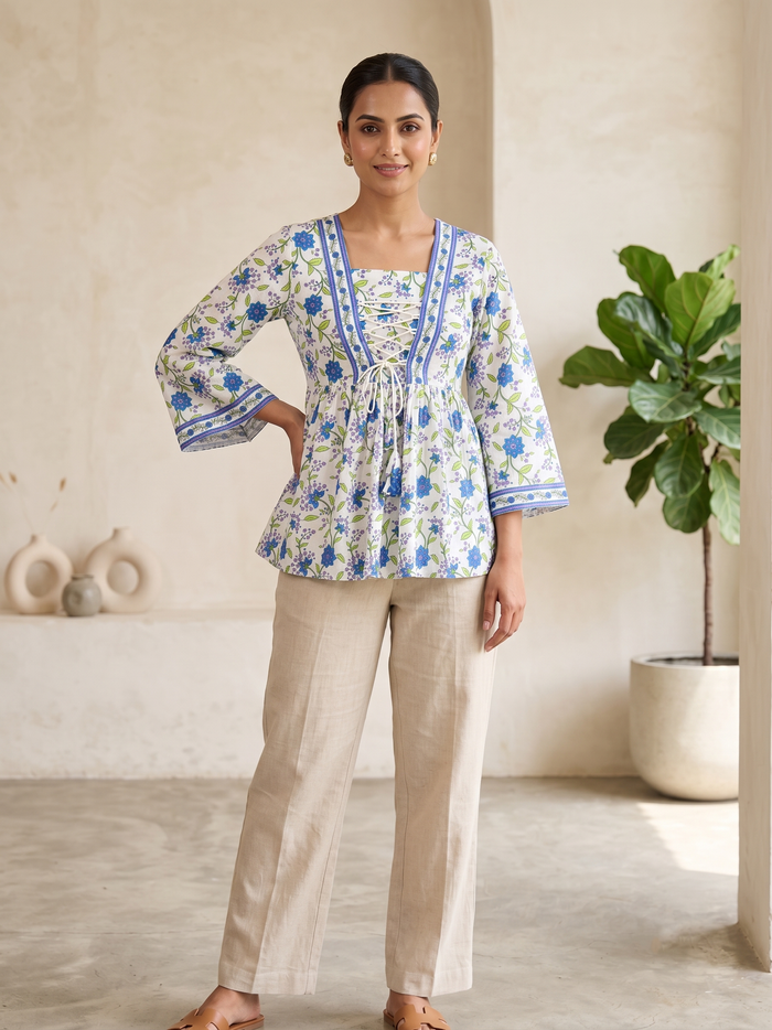 Women Blue Floral Print Square Neck Regular Top