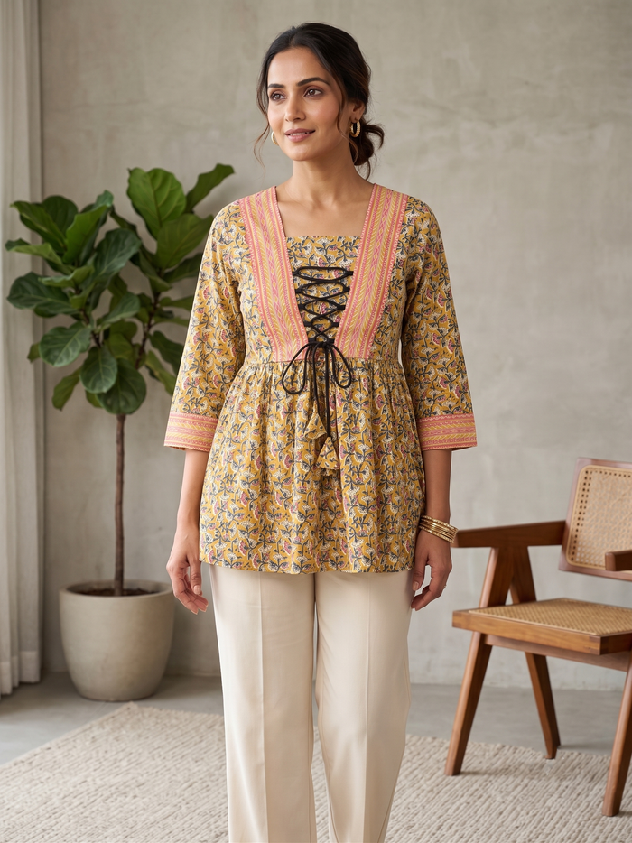 Women Mustard Floral Print Lace-Up Peplum Top