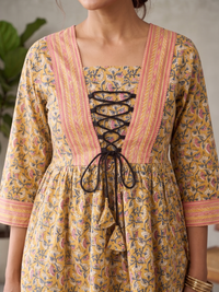 Women Mustard Floral Print Lace-Up Peplum Top 3