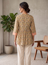 Women Mustard Floral Print Lace-Up Peplum Top 2