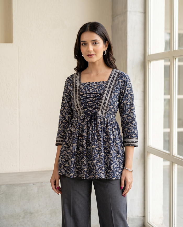 Dark Navy Printed Lace-Up Empire Top