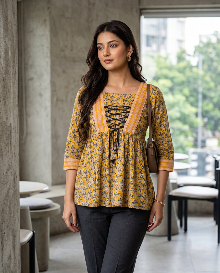 Mustard Printed Lace-Up Empire Top