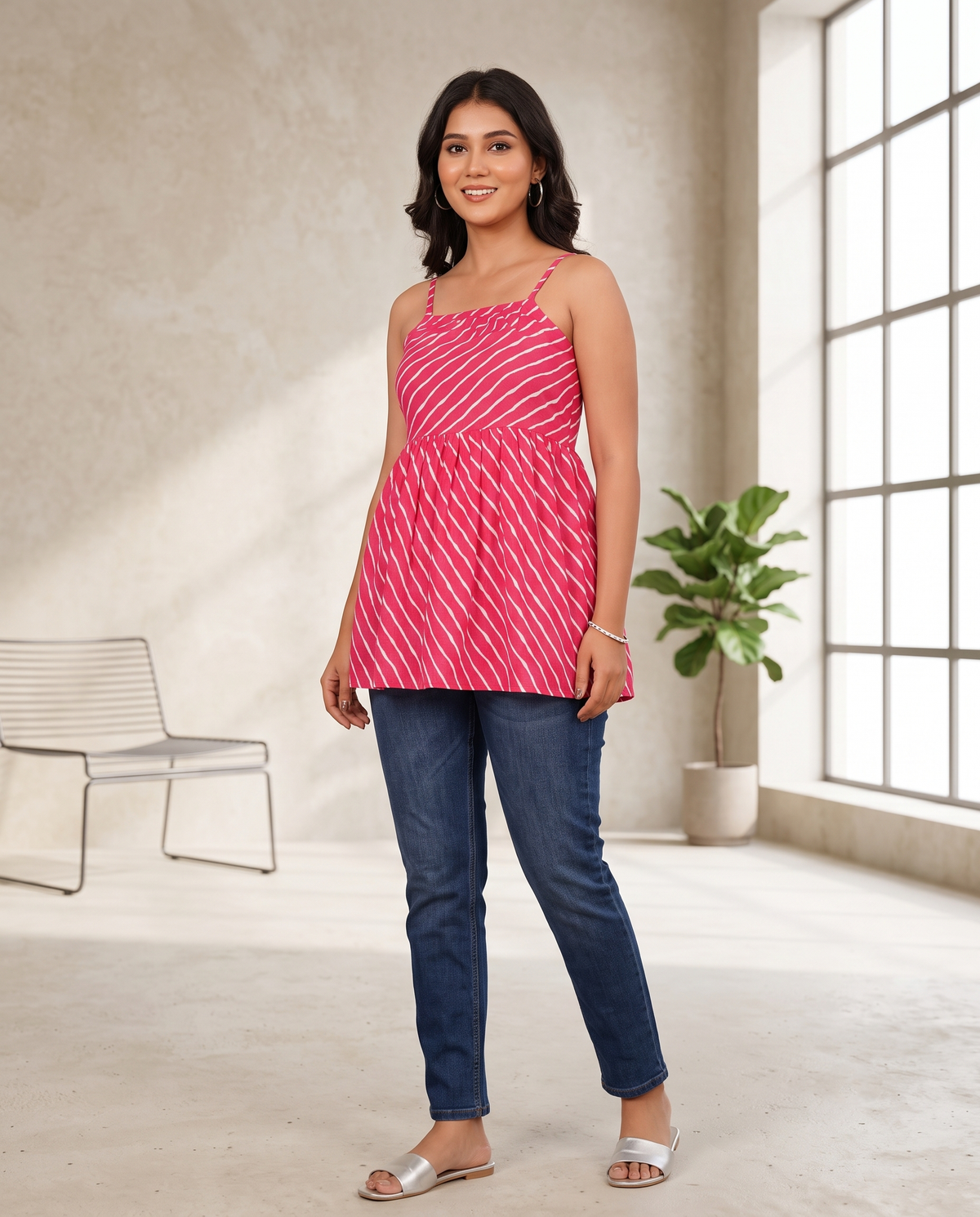 Pink Striped Sleeveless Flared Top