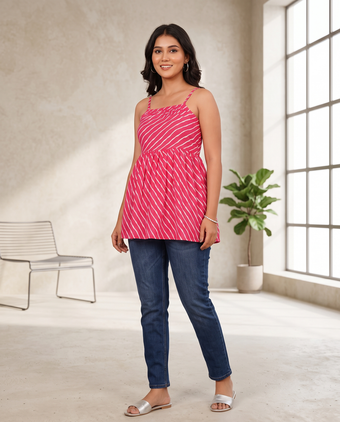 Pink Striped Sleeveless Flared Top