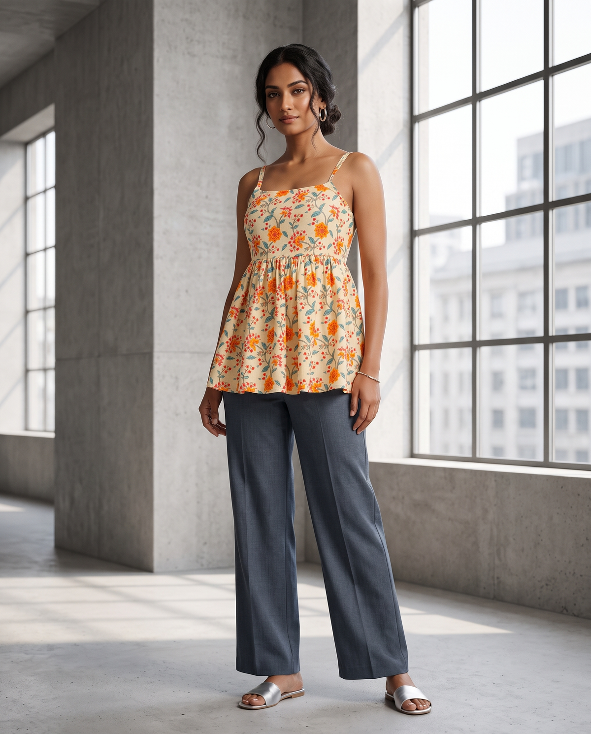 Ivory Floral Sleeveless Peplum Top