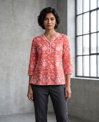 Coral Floral V-Neck Top 1