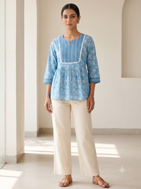 Blue Floral Printed Empire-Line Top 1